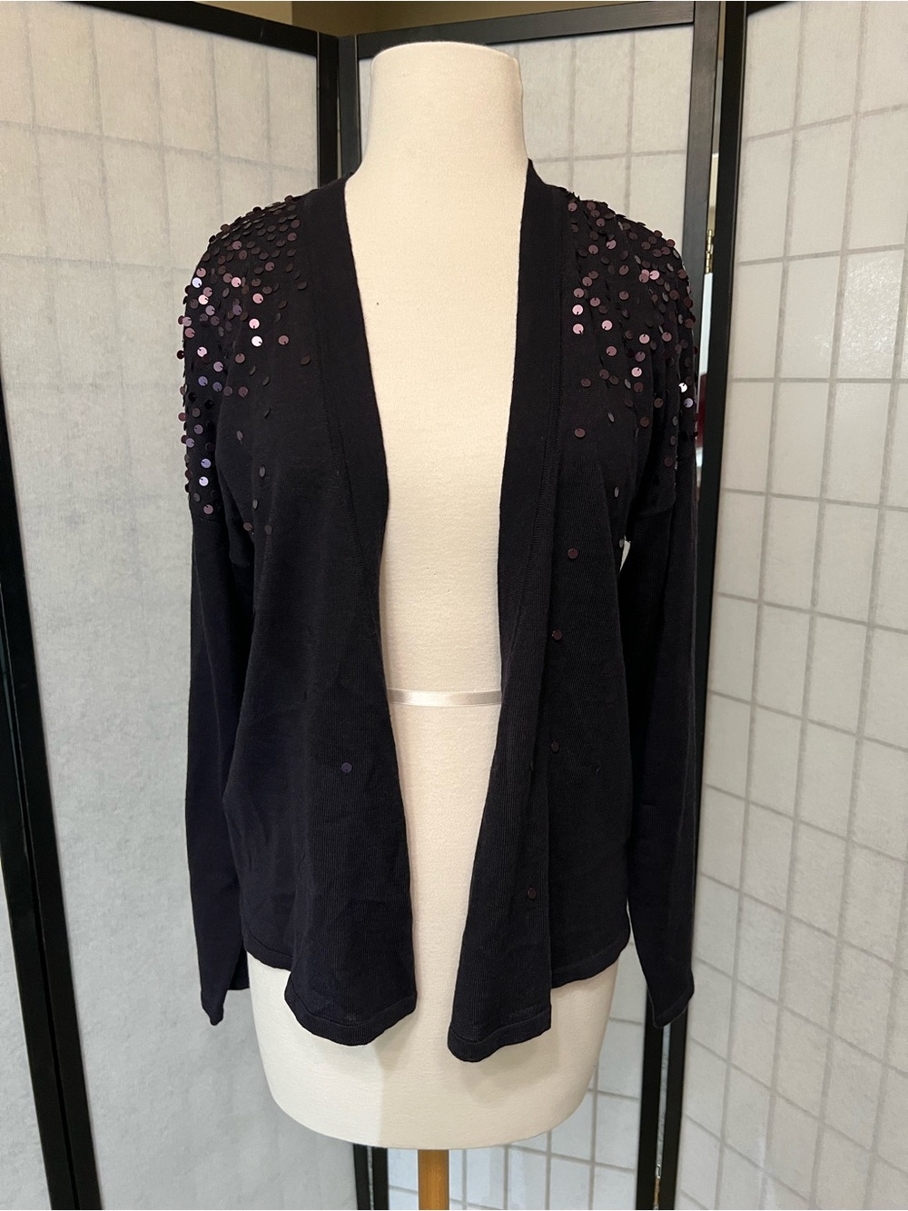 Eileen Fisher Deep Purple Open-Front Cardigan with Sequined Shoulders